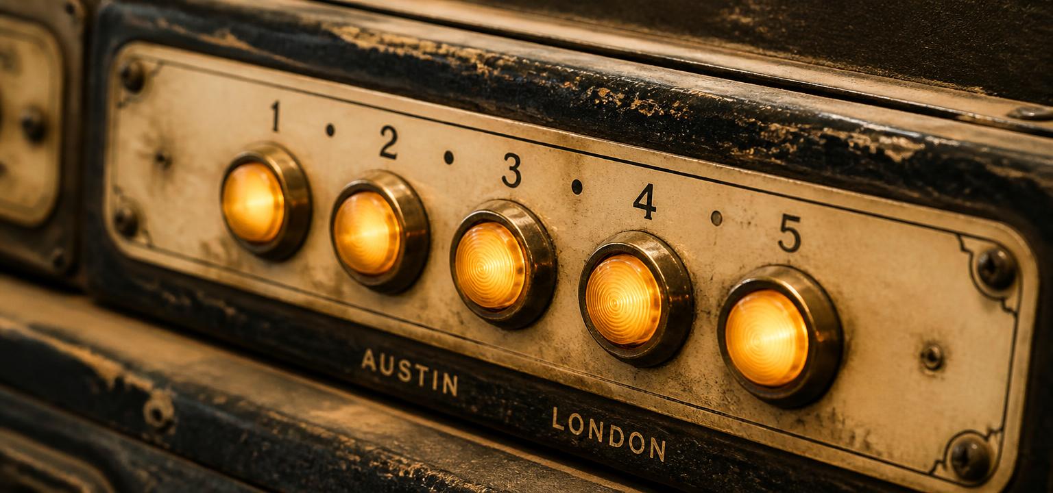 Row of illuminated amber control-panel buttons on worn brass